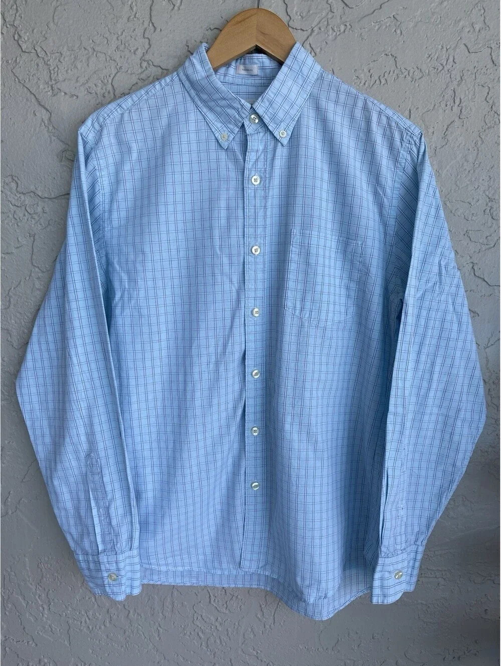 J Crew Mens Shirt Size M Classic Fit Stretch Light Blue Checkered Button Up.